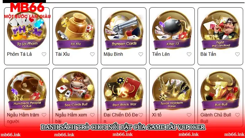 Danh sách trò chơi nổi bật của Game bài V8poker